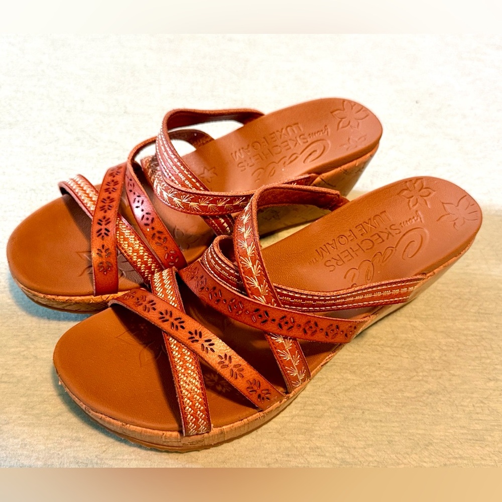 Cali from SKECHERS Beverlee Tiger Posse platform wedge sandal tan fits size 8-9
